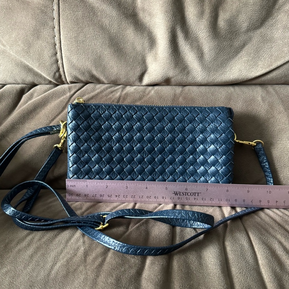 Navy blue woven cross body bag and wristlet